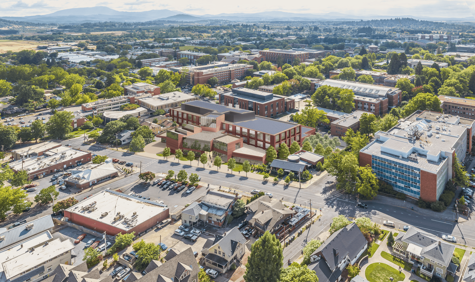 rending of a brick building with large windows surrounded by streets and other buildings